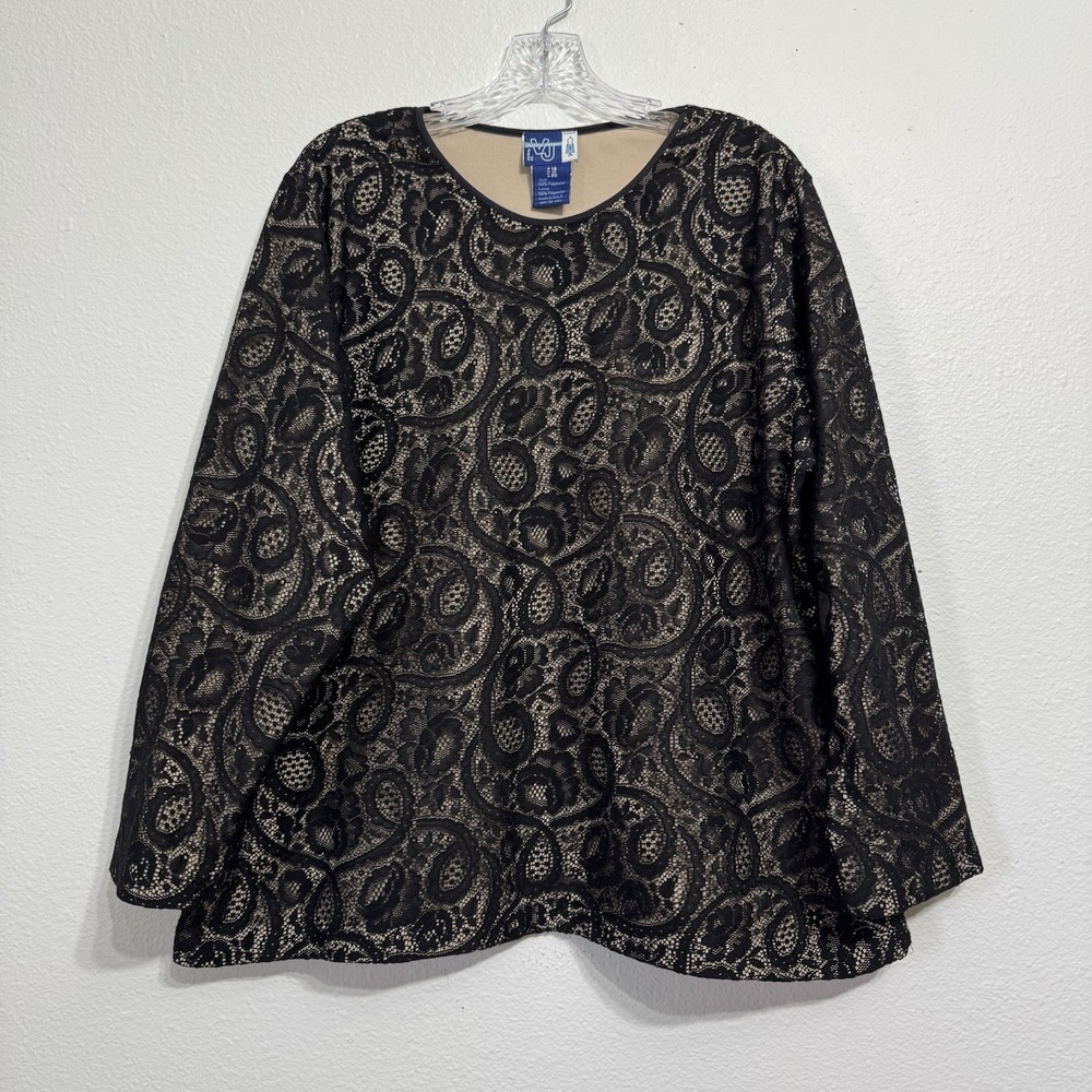 Venezia Jeans Black Lace Over Light Nude Lining Long Sleeve Shirt Wom Size 18/20